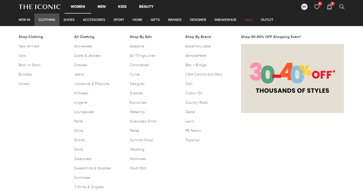 Navigation menu of ecommerce site showing womens clothing options